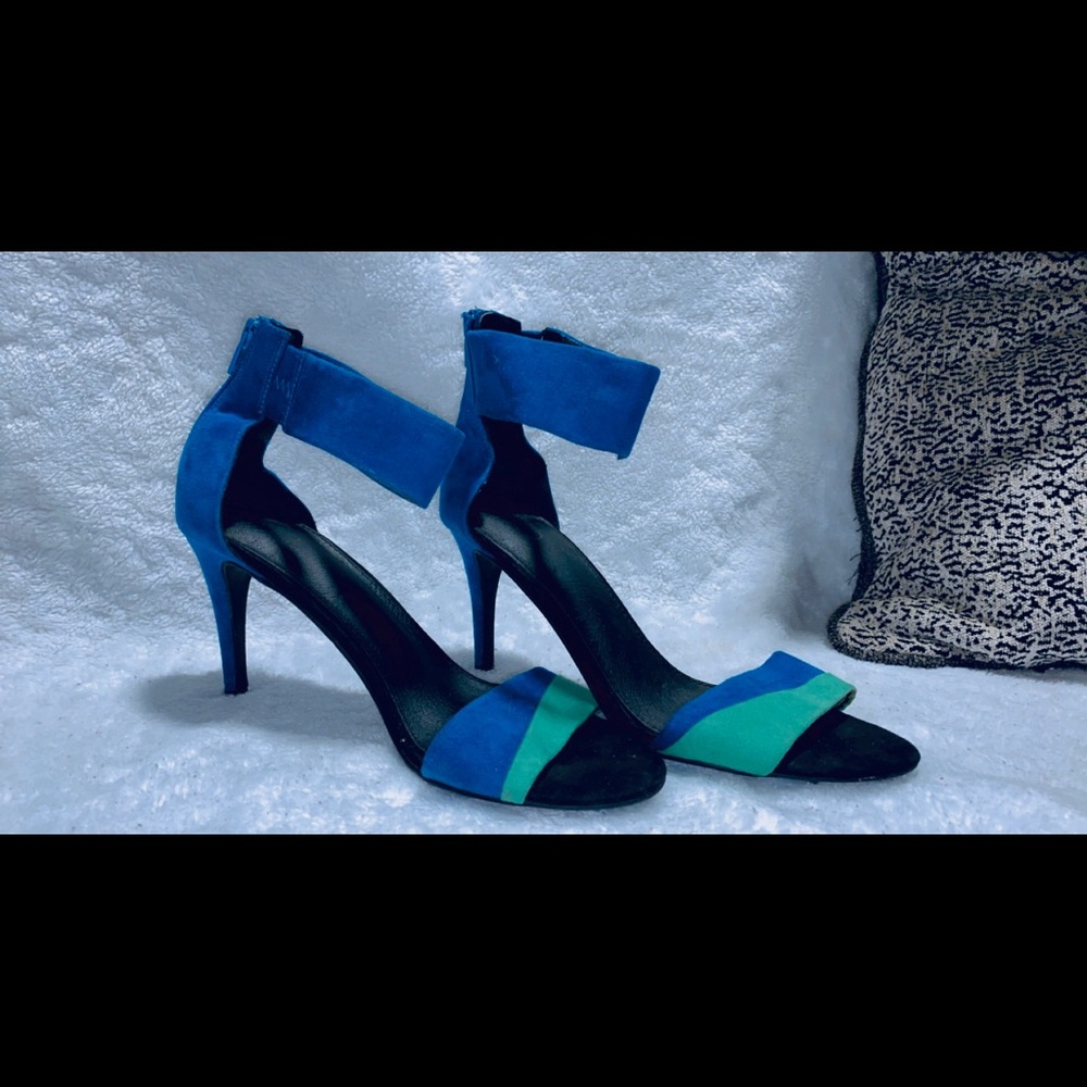 Blue, and teal ankle strap heels